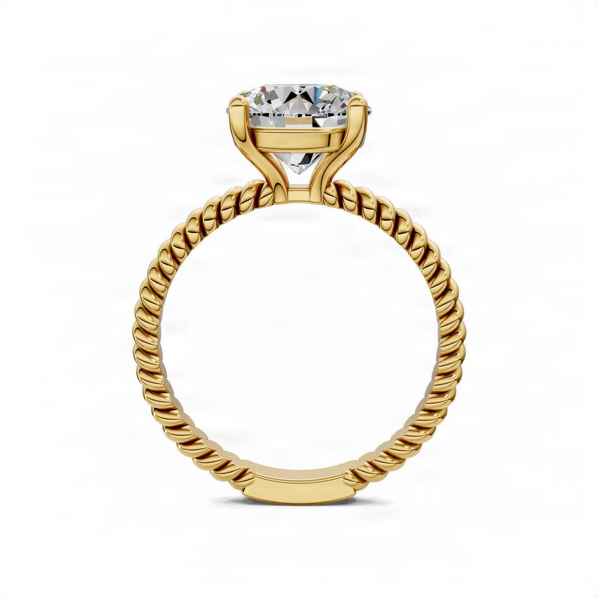 Yellow gold twisted rope solitaire engagement ring with round bezel-set center stone