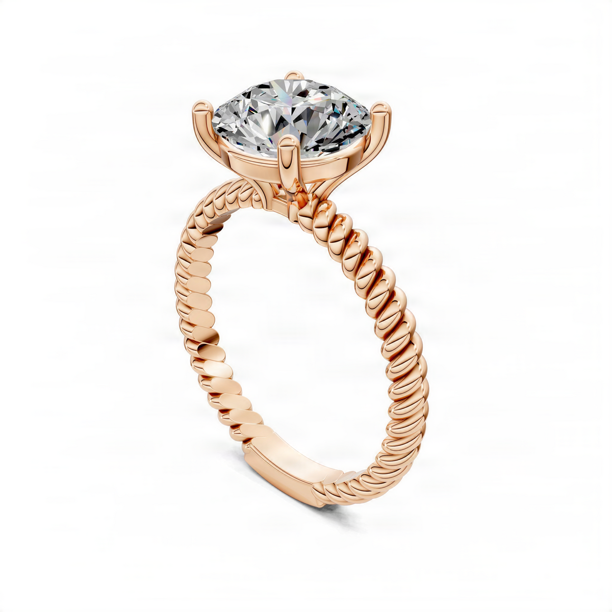Rose gold round solitaire engagement ring with twisted rope shank and round center diamond