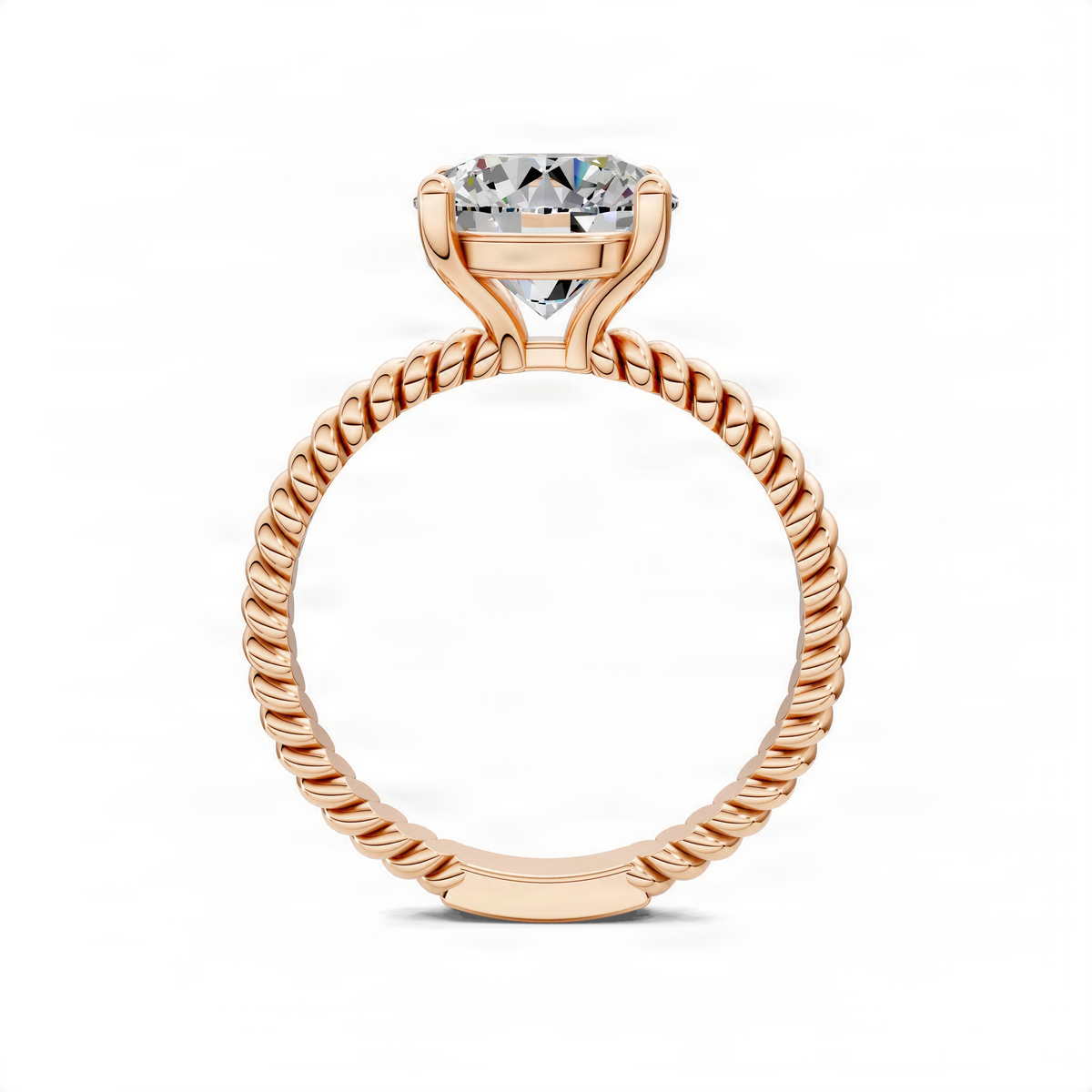 Rose gold twisted rope solitaire engagement ring with round bezel-set center stone