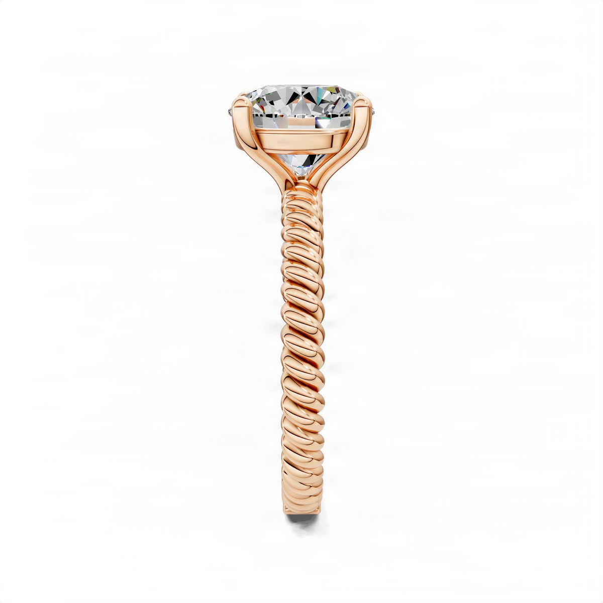 Rose gold round solitaire engagement ring with twisted rope band and bezel-set center stone