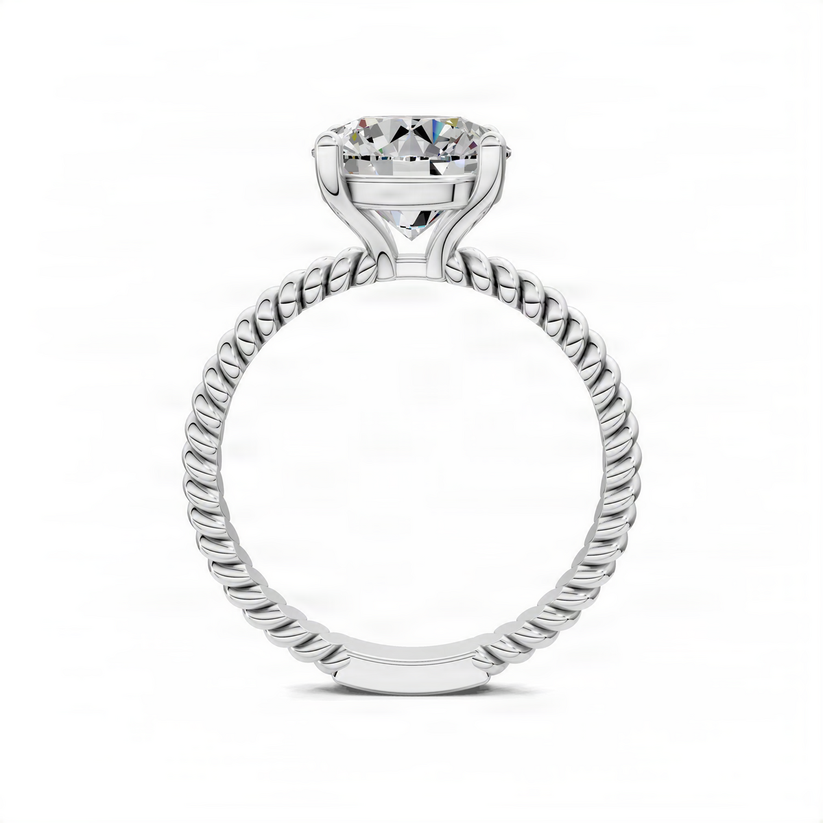 Silvertone twisted rope band solitaire engagement ring with round center stone, side view