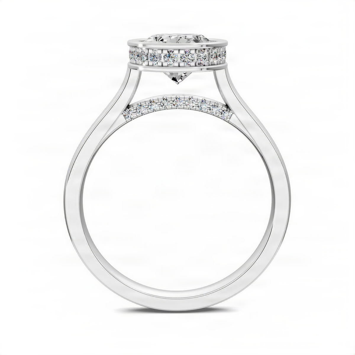 Opes bezel halo ring in white gold with round center stone and diamond-set band