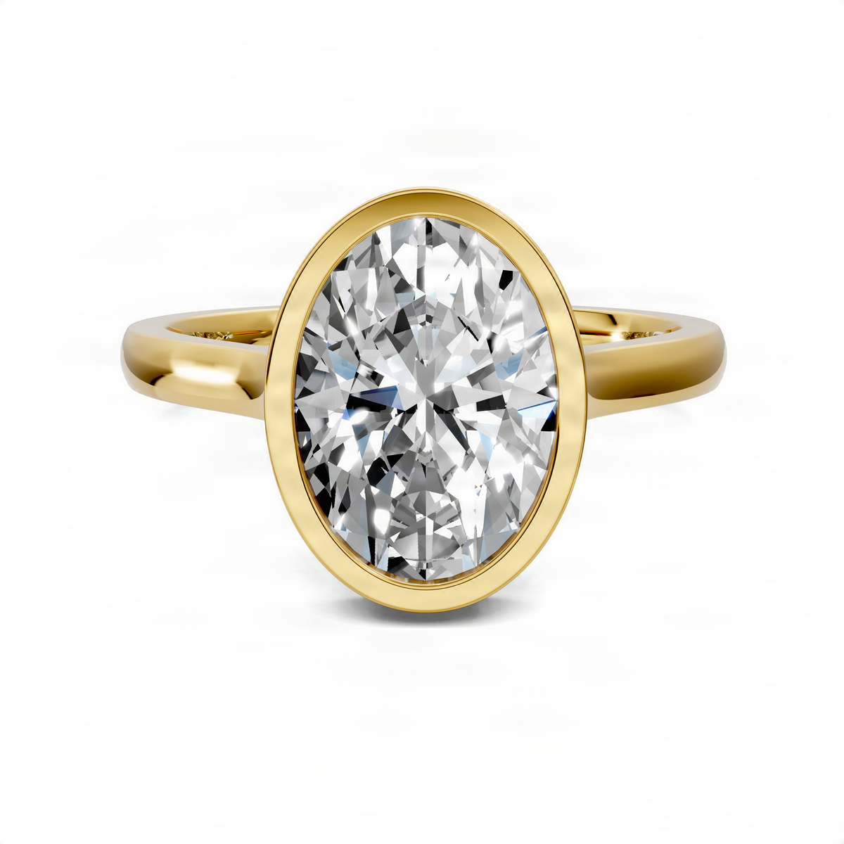 Yellow gold halo bezel ring with large oval center diamond and split shoulders