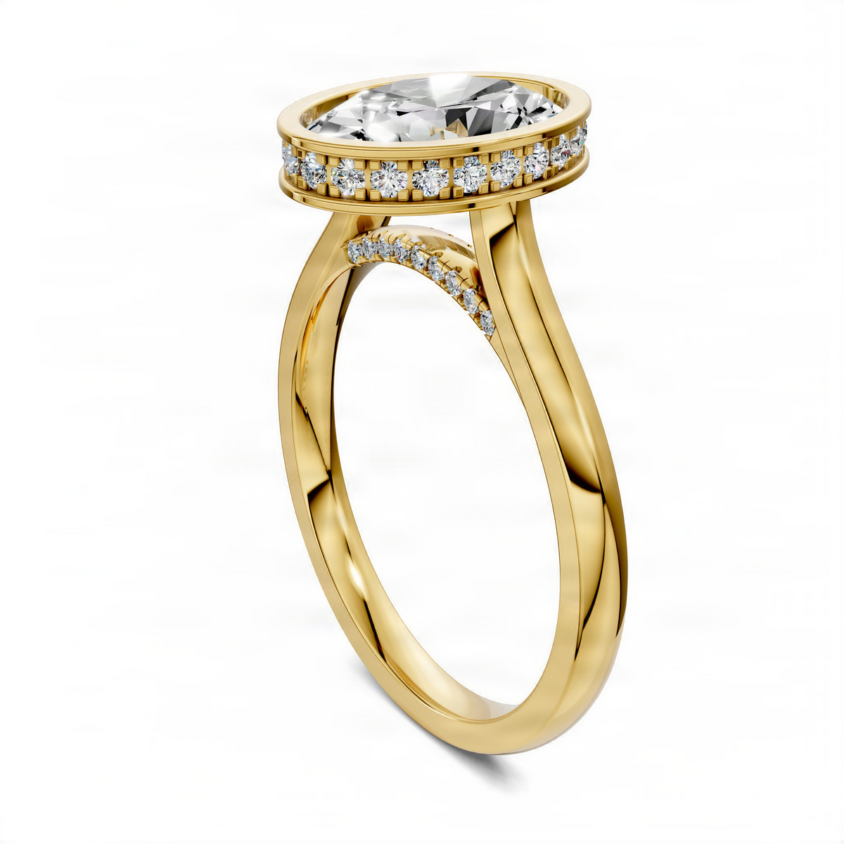 Opes bezel halo ring in yellow gold with oval center stone and diamond-set split shank
