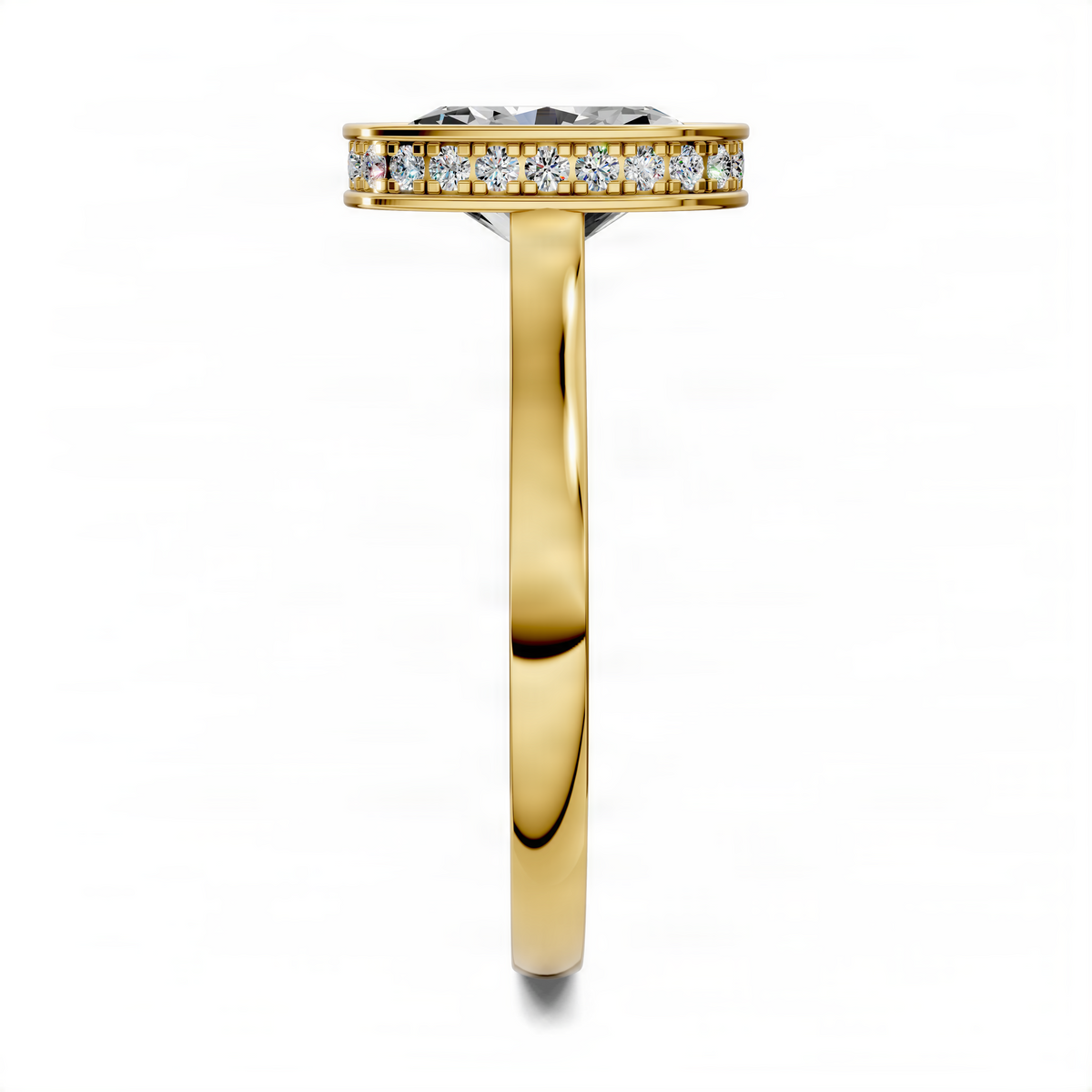 Opes bezel halo ring in yellow gold with pavé diamond band, side view