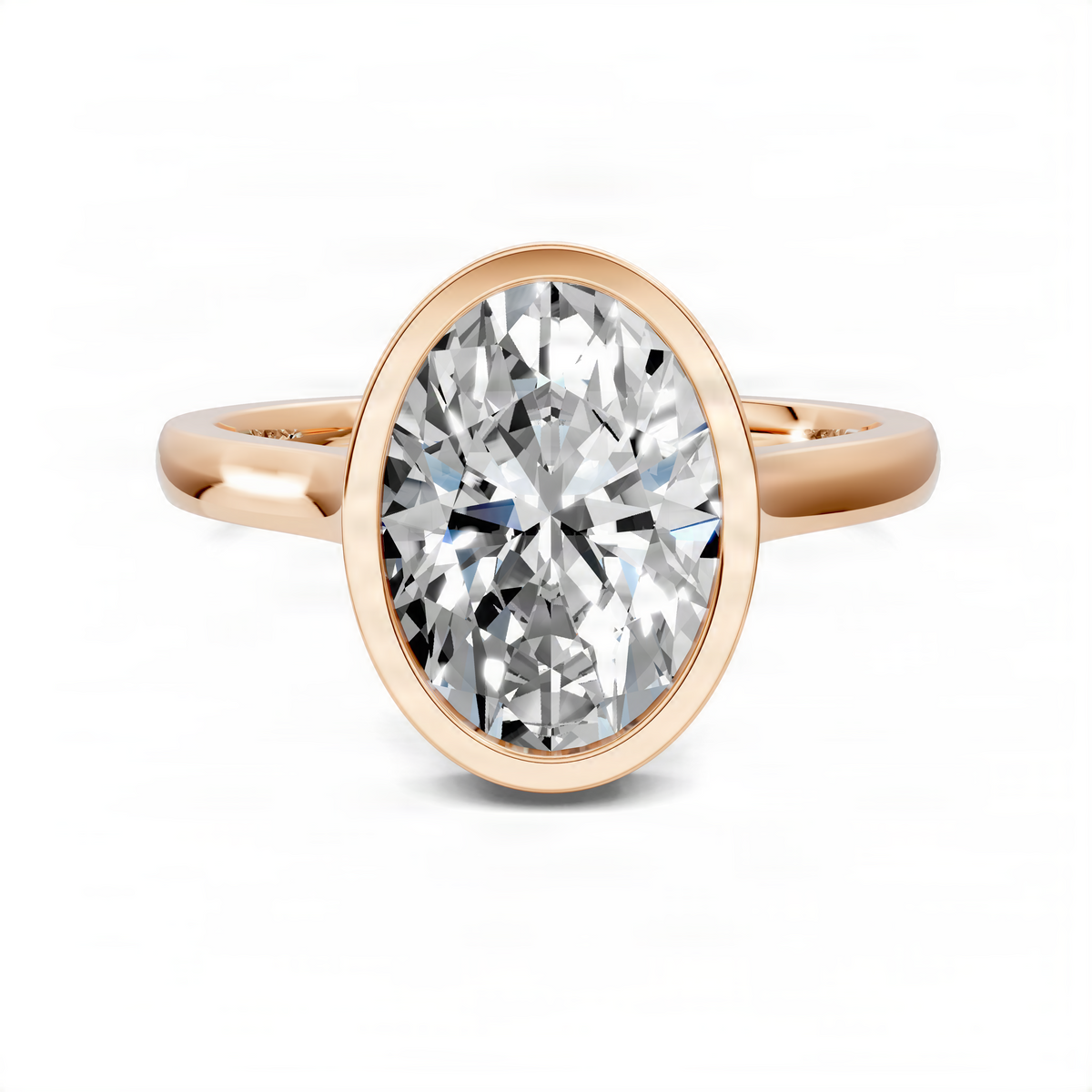 Rose gold halo bezel ring with oval center diamond and split-shank band