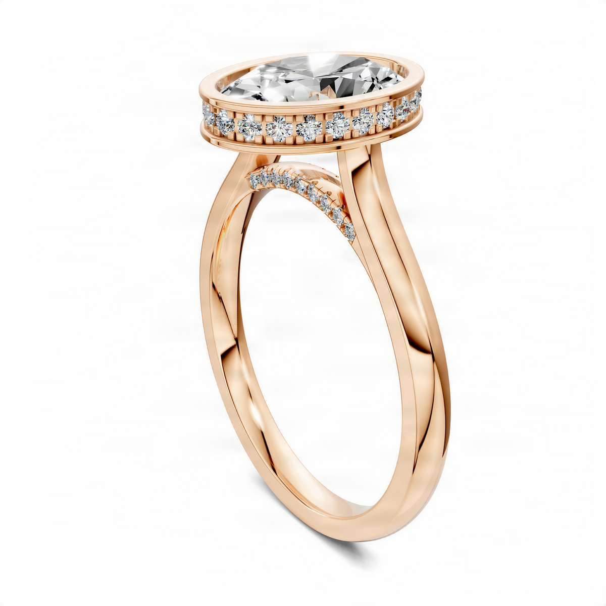 Opes bezel halo ring in yellow gold with oval center stone and pavé diamond shoulders
