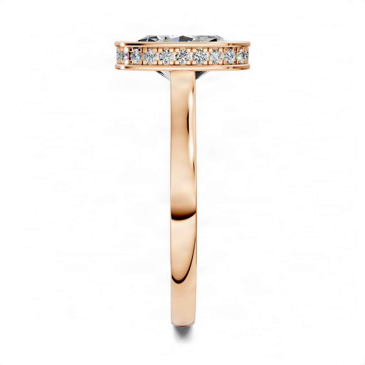 Opes Bezel Halo Ring in gold with halo-set pavé band, side view