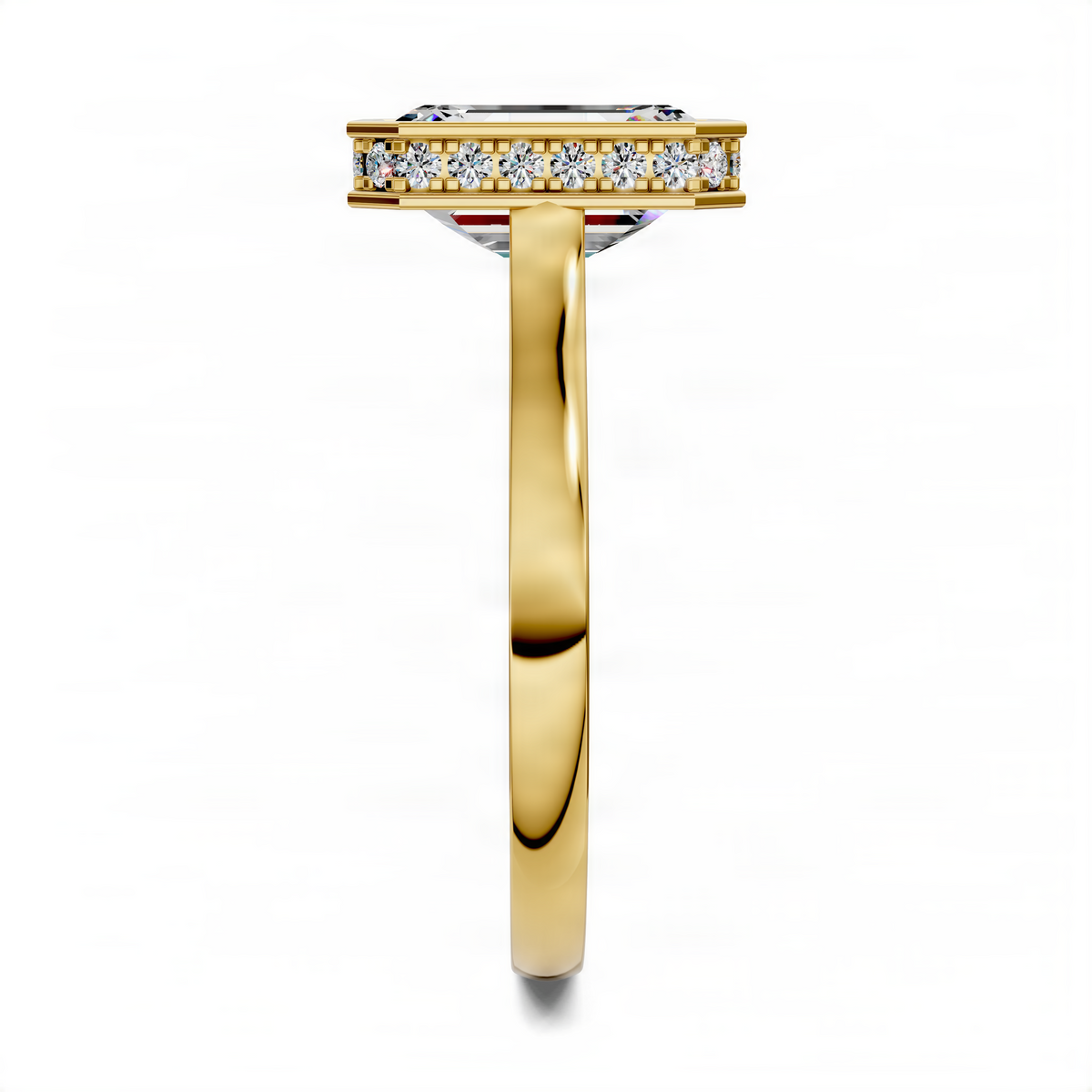 Yellow gold halo ring with diamond band, side view
