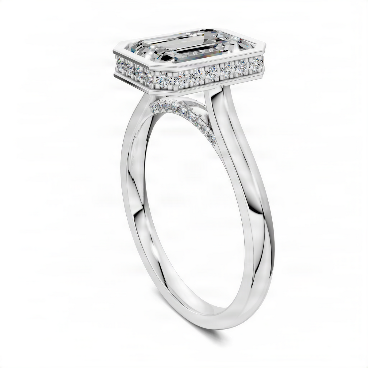 Opes bezel halo ring with emerald-cut center stone and pavé accent band