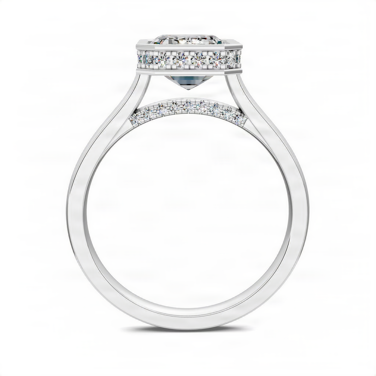 Opes Bezel Halo Ring in white gold with pavé diamond accents