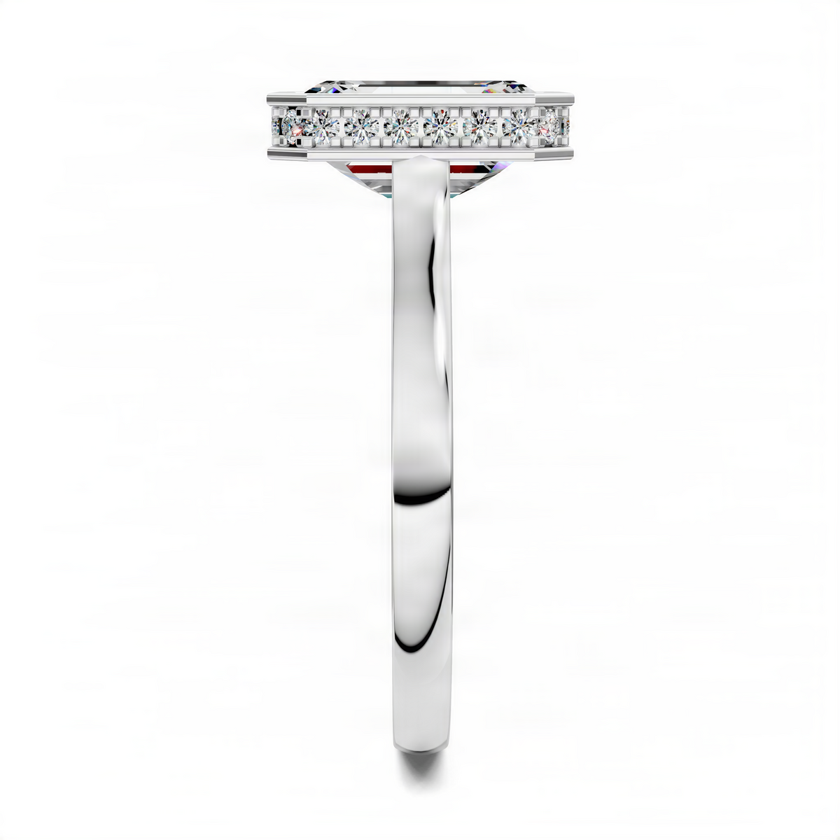 Bezel halo ring in white gold, side view