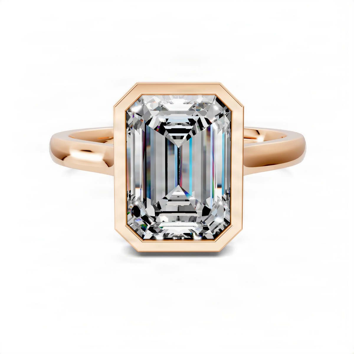 Rose gold bezel halo ring with emerald-cut center stone in a faceted frame