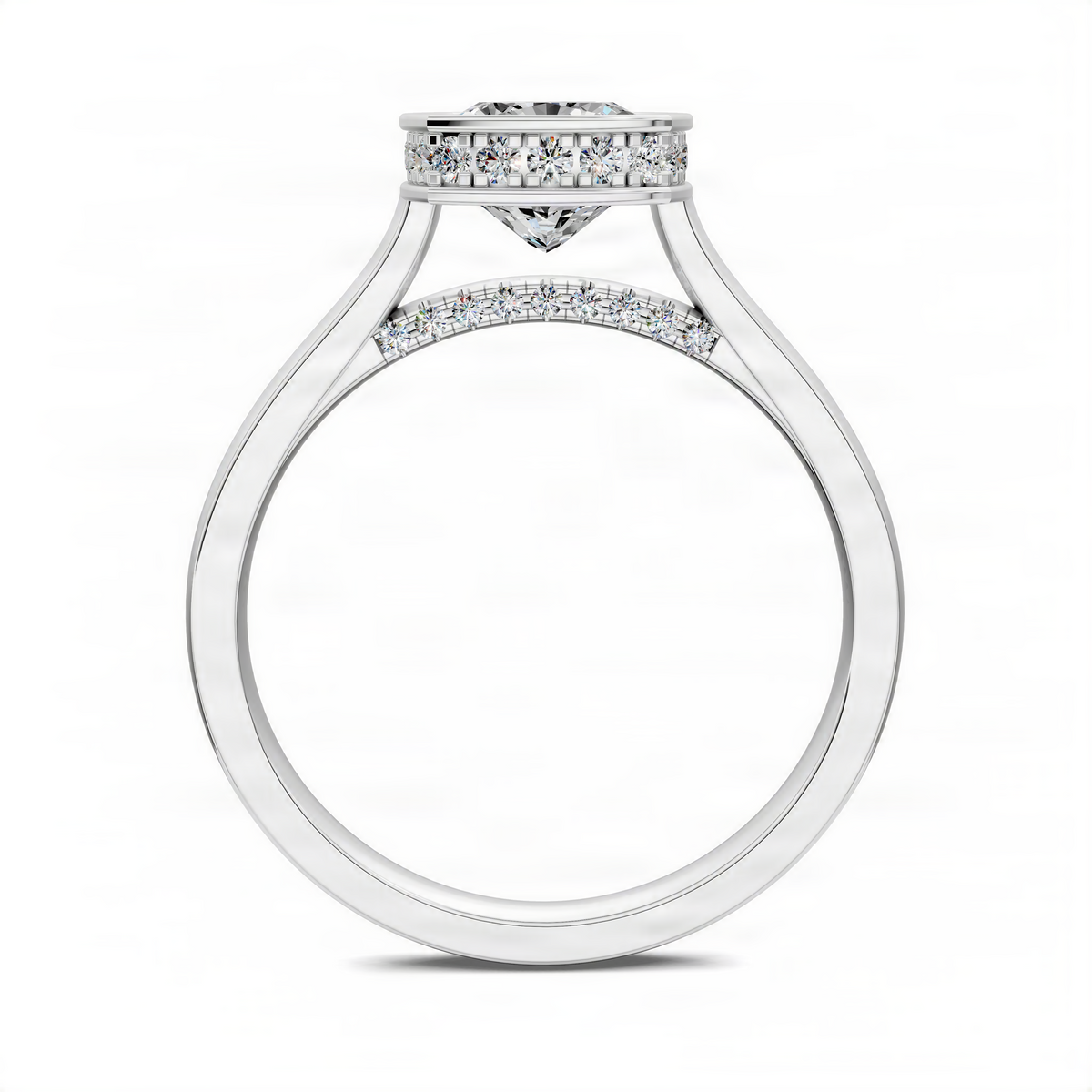 Opes Bezel Halo Ring in white gold with pavé shoulders and bezel-set center stone
