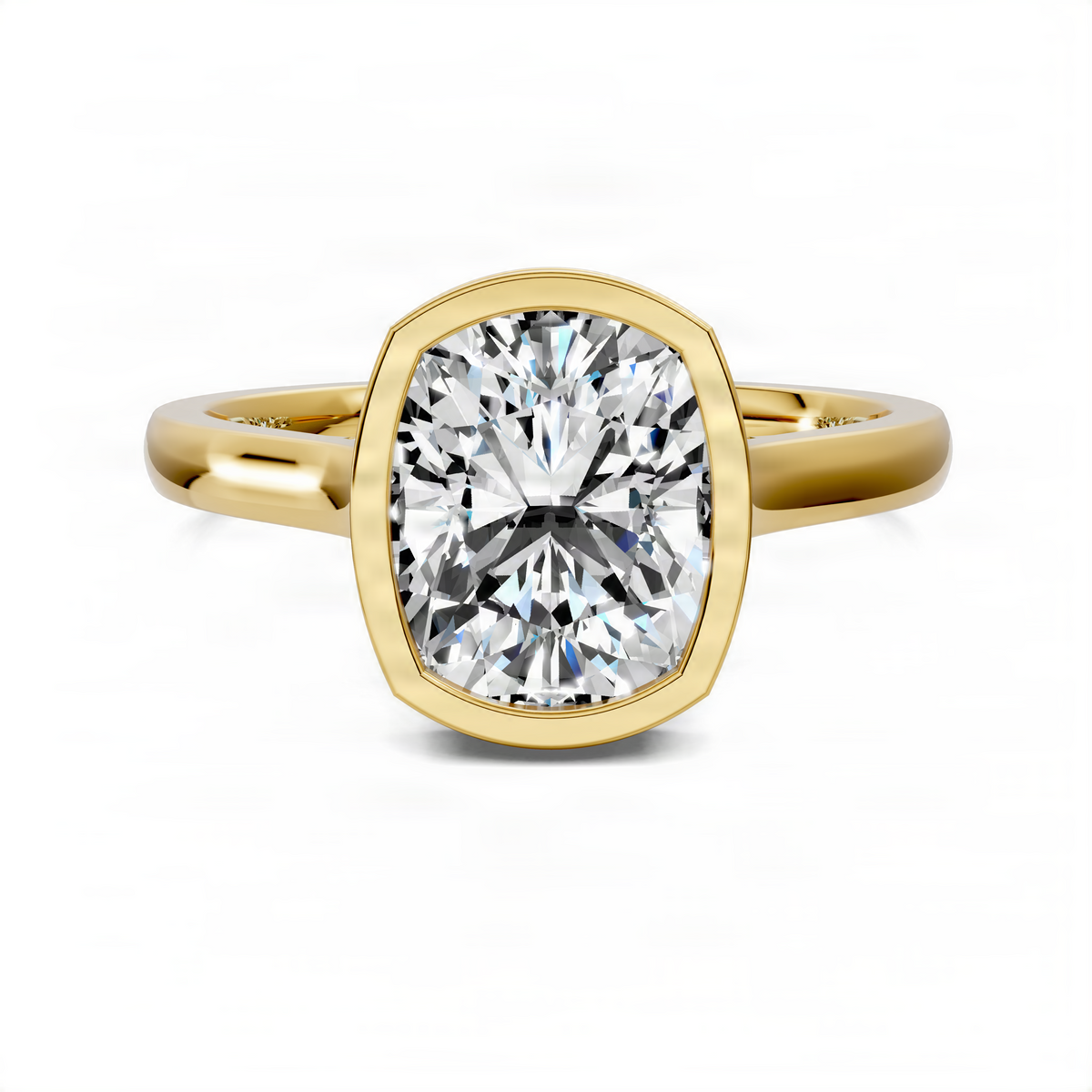 14K yellow gold bezel halo ring with round center diamond and slim band