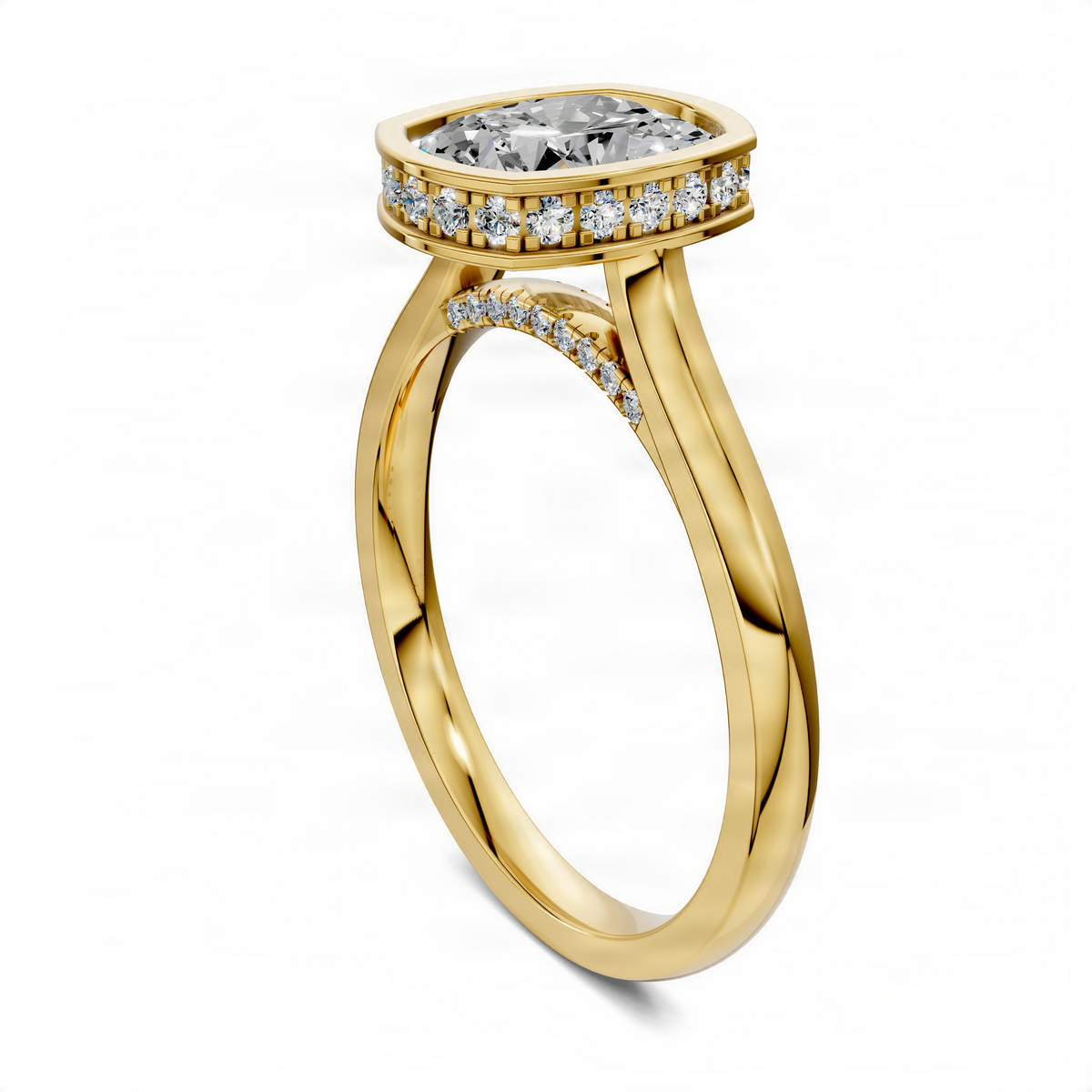 Opes Bezel Halo Ring in yellow gold with oval bezel-set center stone and diamond halo
