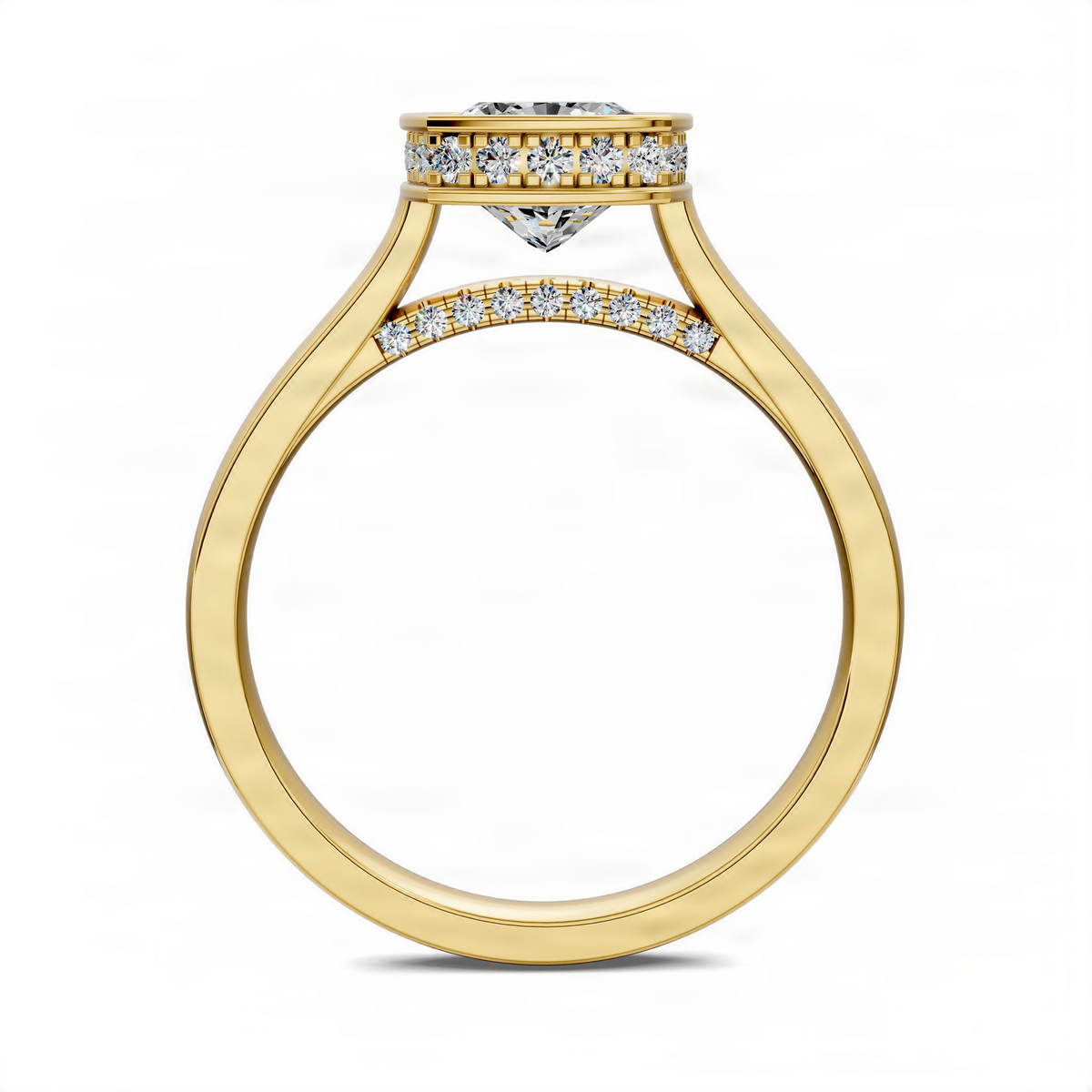 Yellow gold halo ring with bezel-set center stone and diamond-accented band