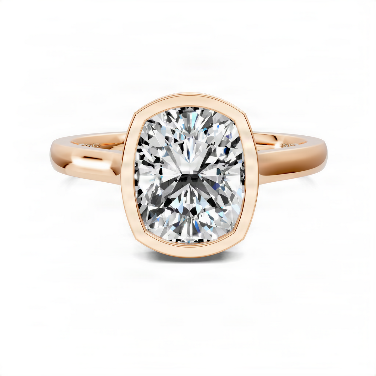 Rose gold halo bezel ring with round center diamond in bezel setting