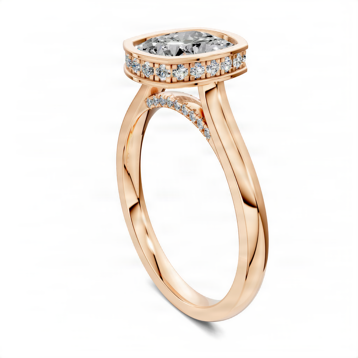Opes bezel halo ring in rose gold with center stone and pavé split shank