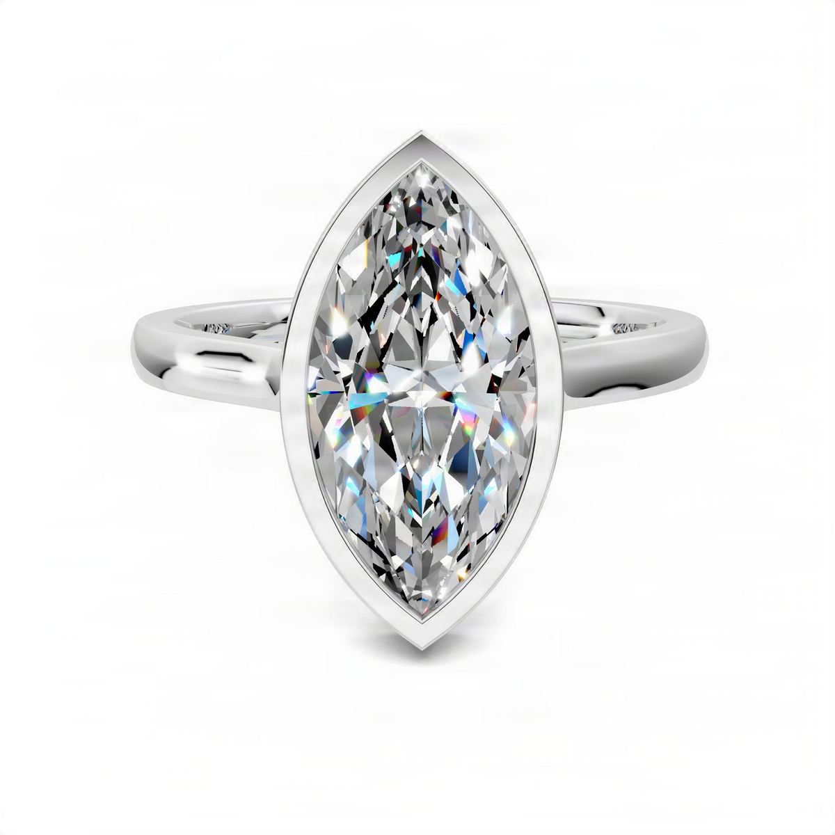 White gold bezel halo ring with marquise-style center stone and slim band