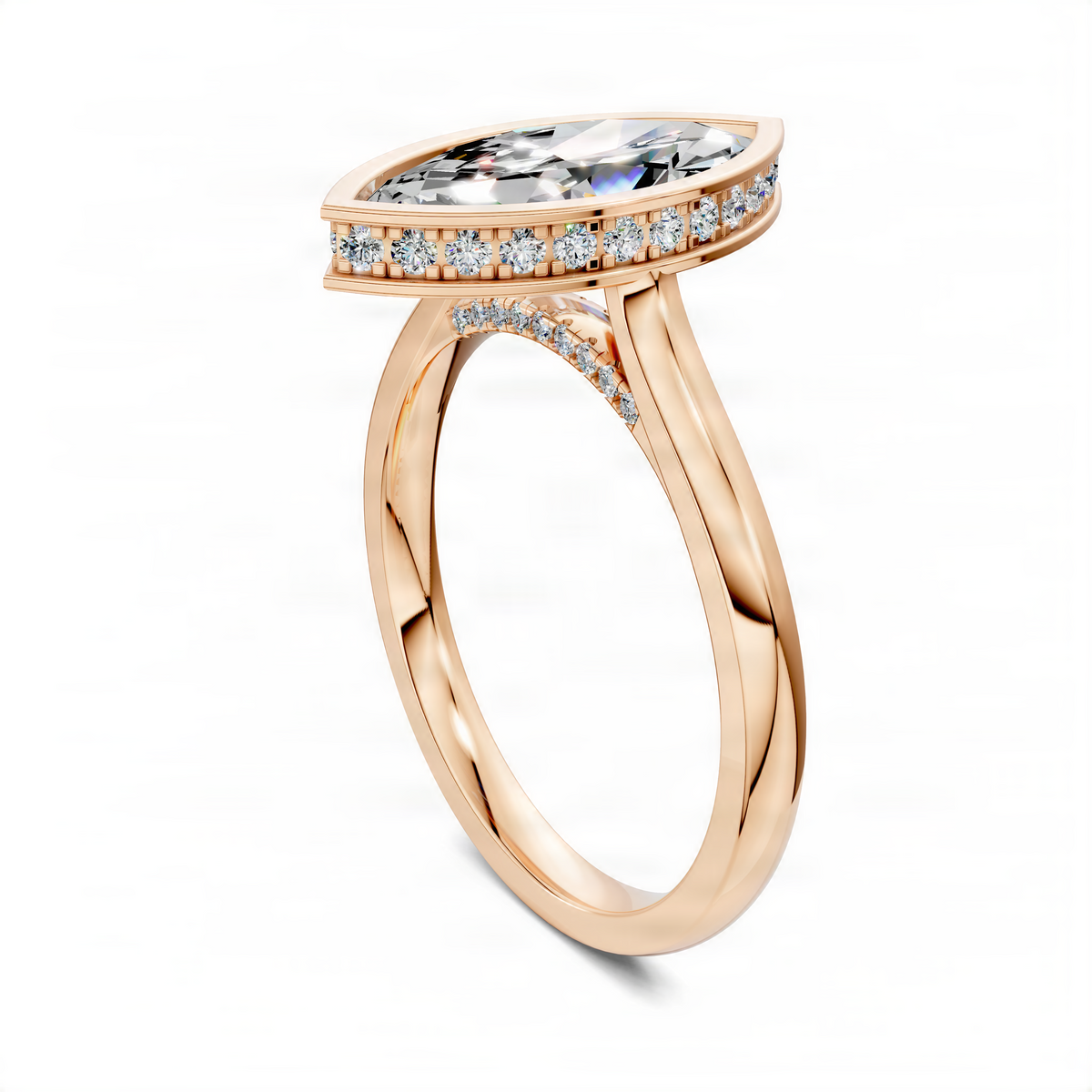 Yellow gold bezel halo ring with oval center stone and pavé diamond band