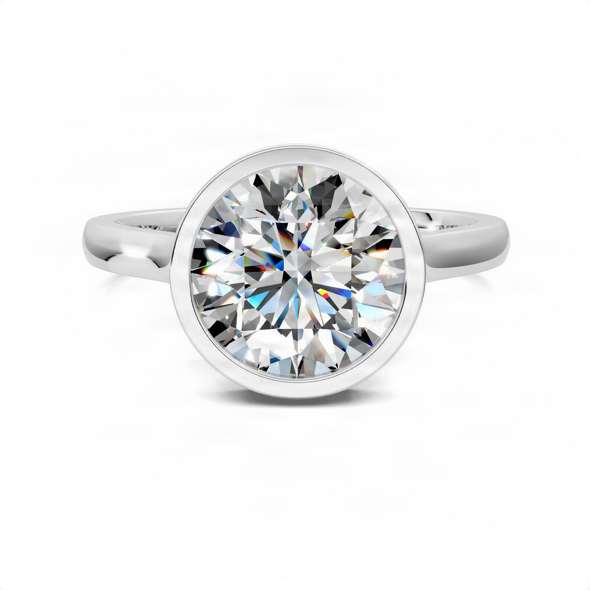 White gold bezel halo ring with round center diamond and slim smooth band