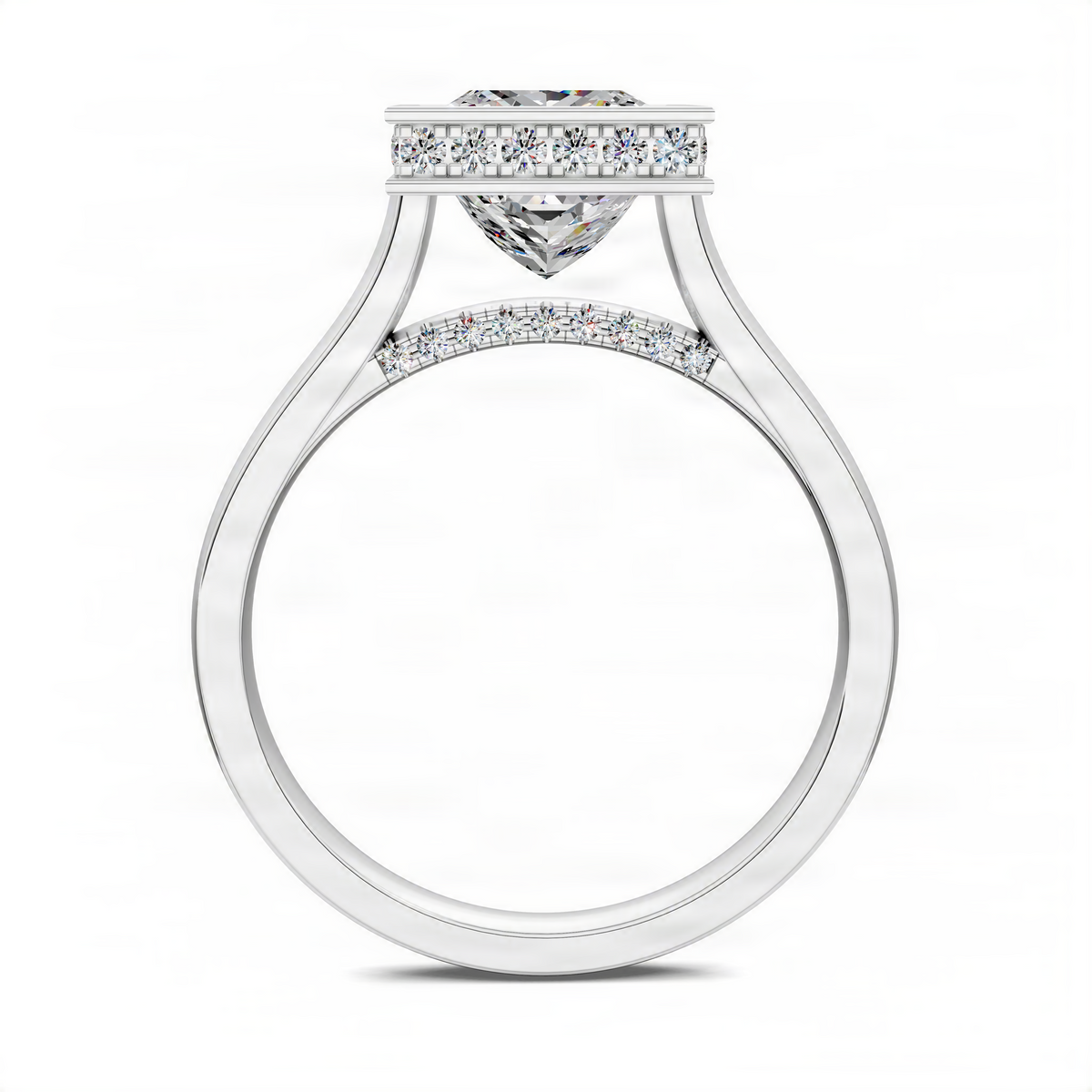 White gold halo ring with bezel-set round center stone and pavé band
