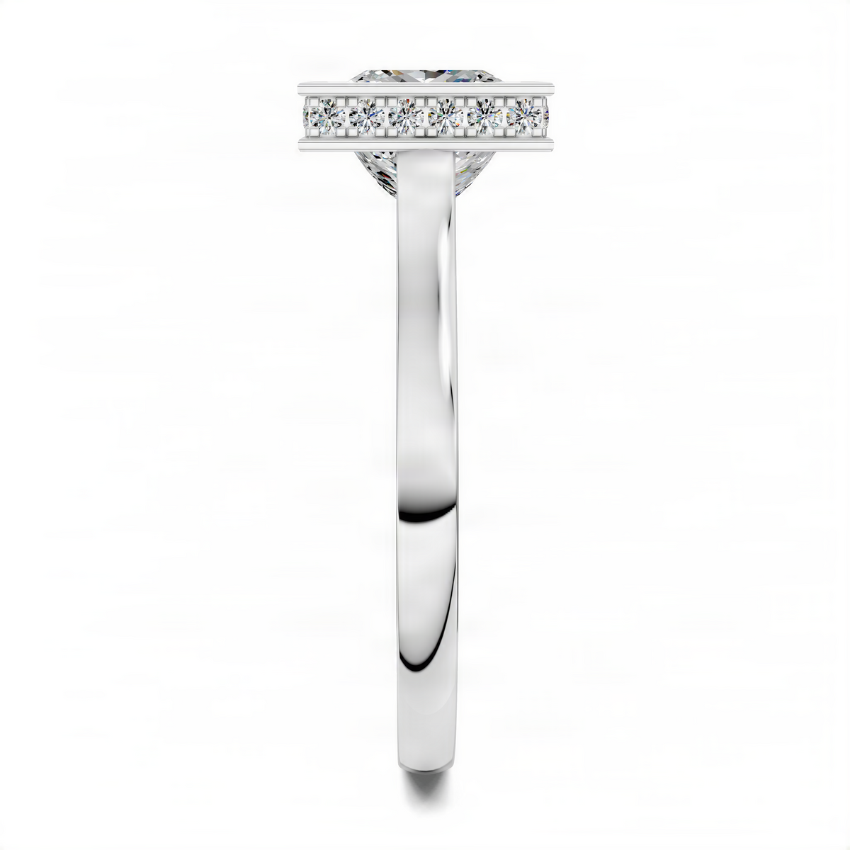 White gold bezel halo ring shown in side profile
