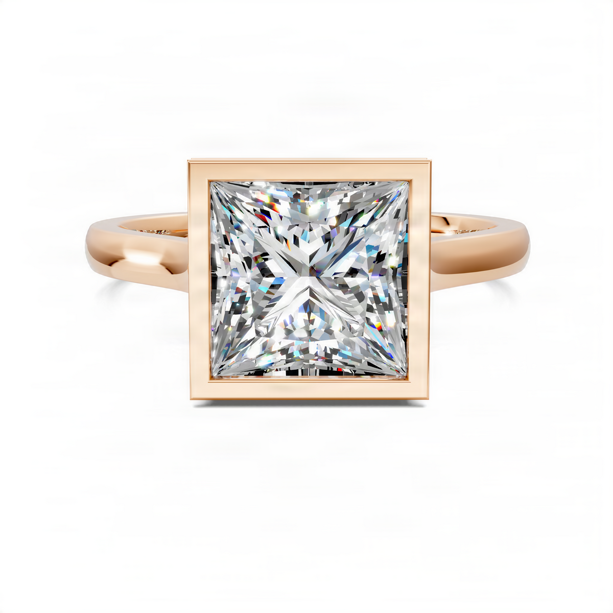Square halo bezel ring with clear center diamond and rose gold band