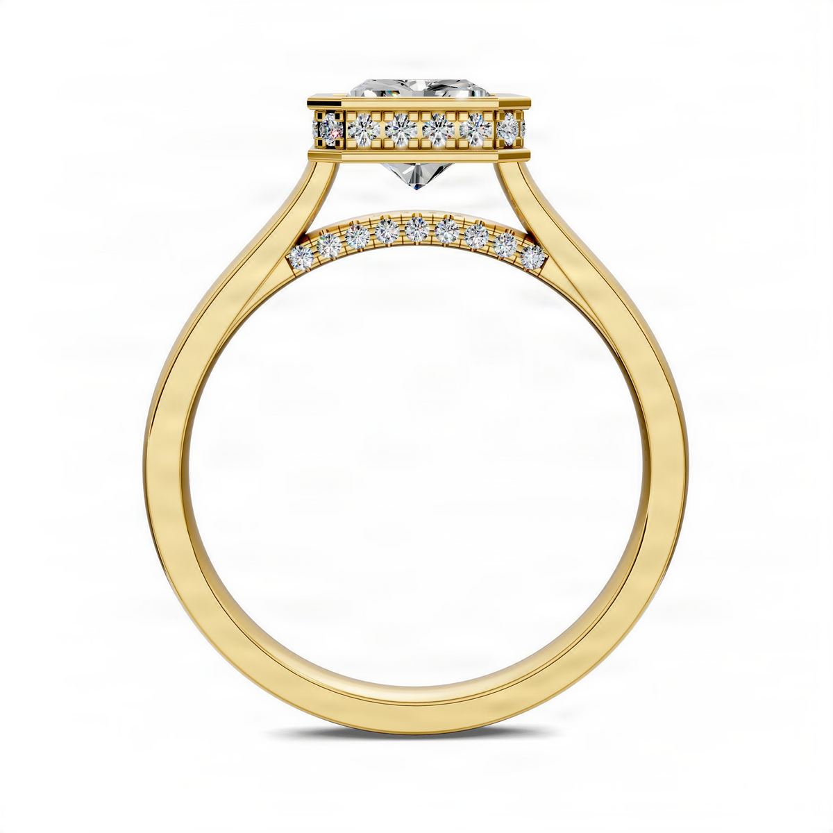 Yellow gold bezel halo ring with pavé diamonds