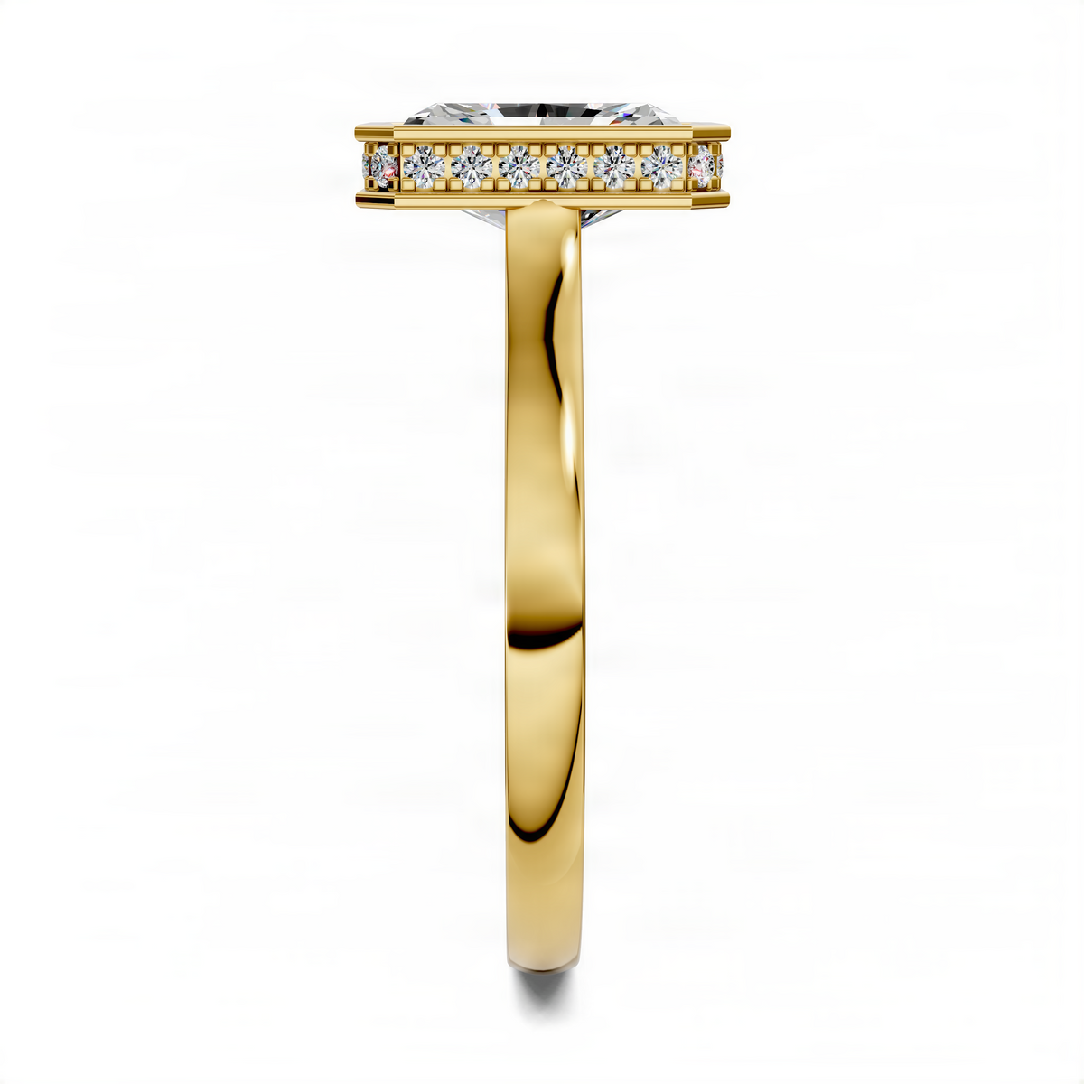 Opes Bezel Halo Ring in yellow gold with oval center stone and pavé halo band