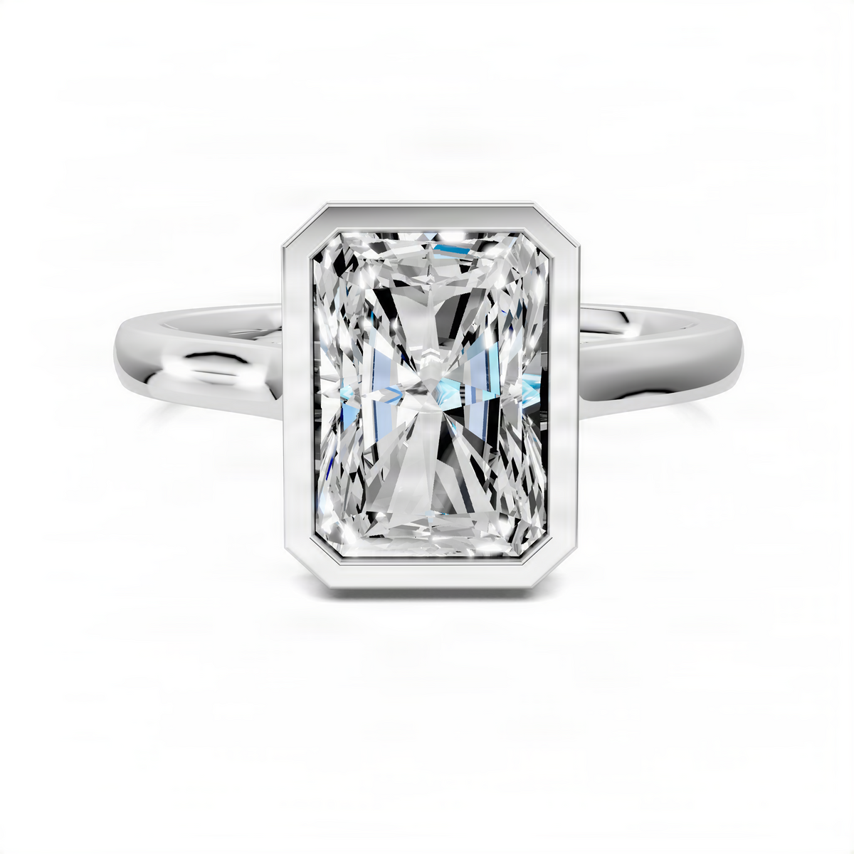 White gold bezel halo ring with large rectangular center stone and smooth band