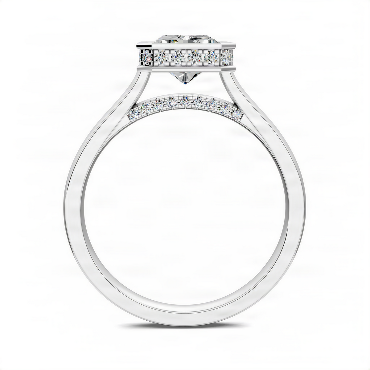 White gold bezel halo ring with pavé accents and a raised center setting
