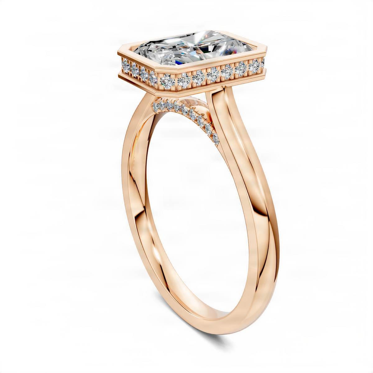 Opes bezel halo ring in yellow gold with emerald-cut center stone