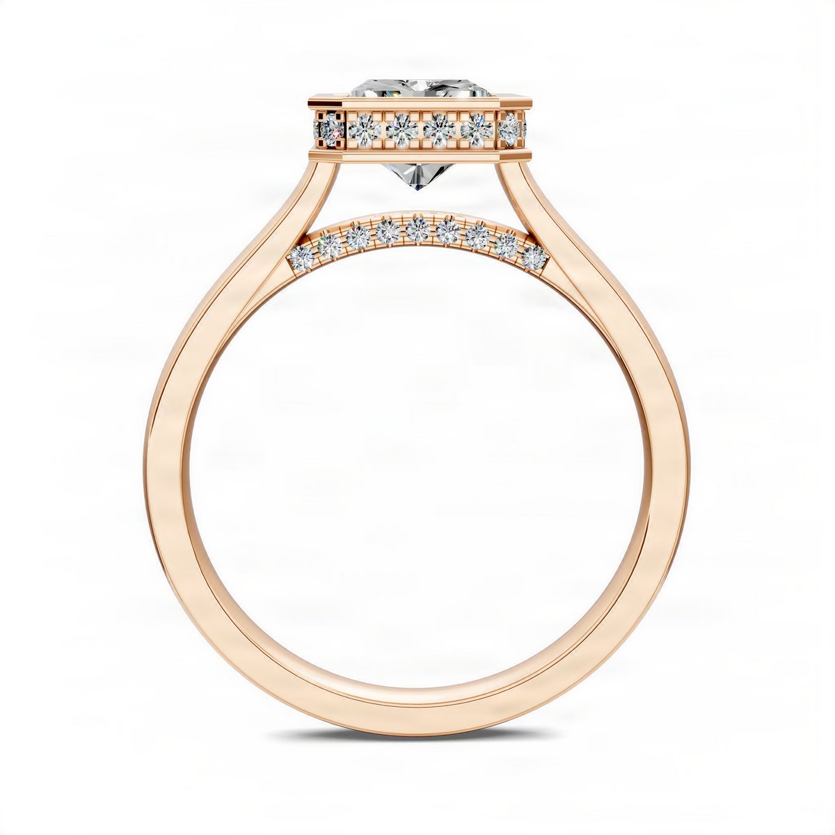 Opes bezel halo ring in yellow gold with diamond accents, side view