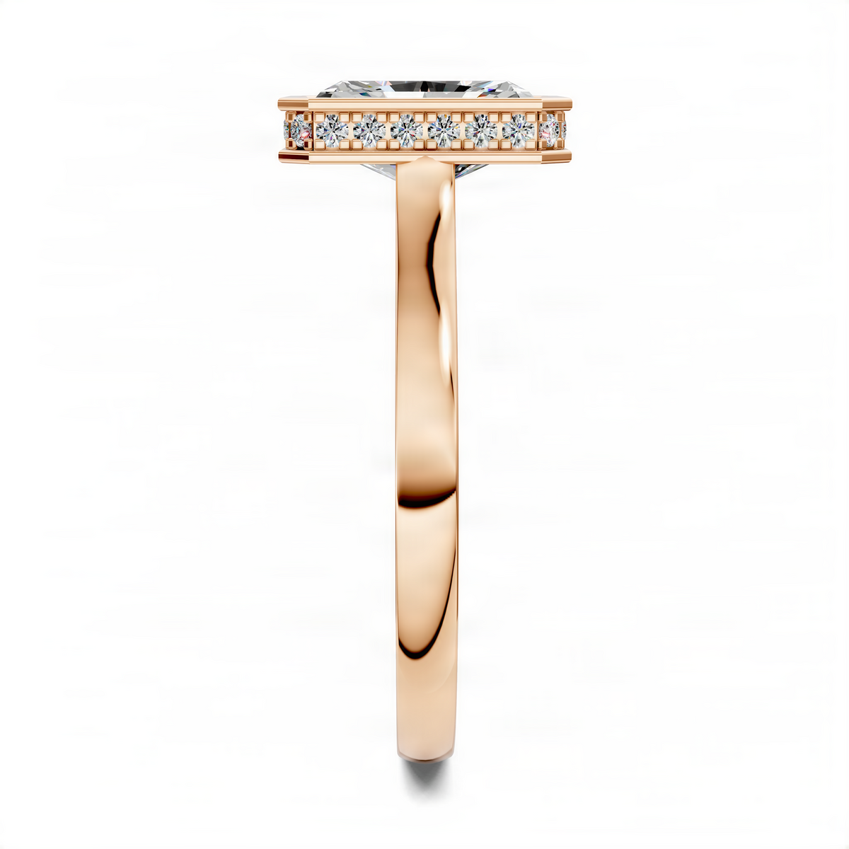 Opes Bezel Halo Ring in polished gold with round pavé halo setting, side view