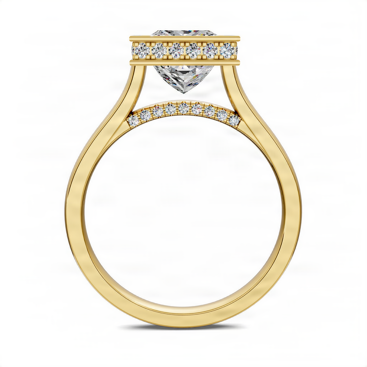 Gold princess-cut halo ring with pavé diamond accents and raised setting