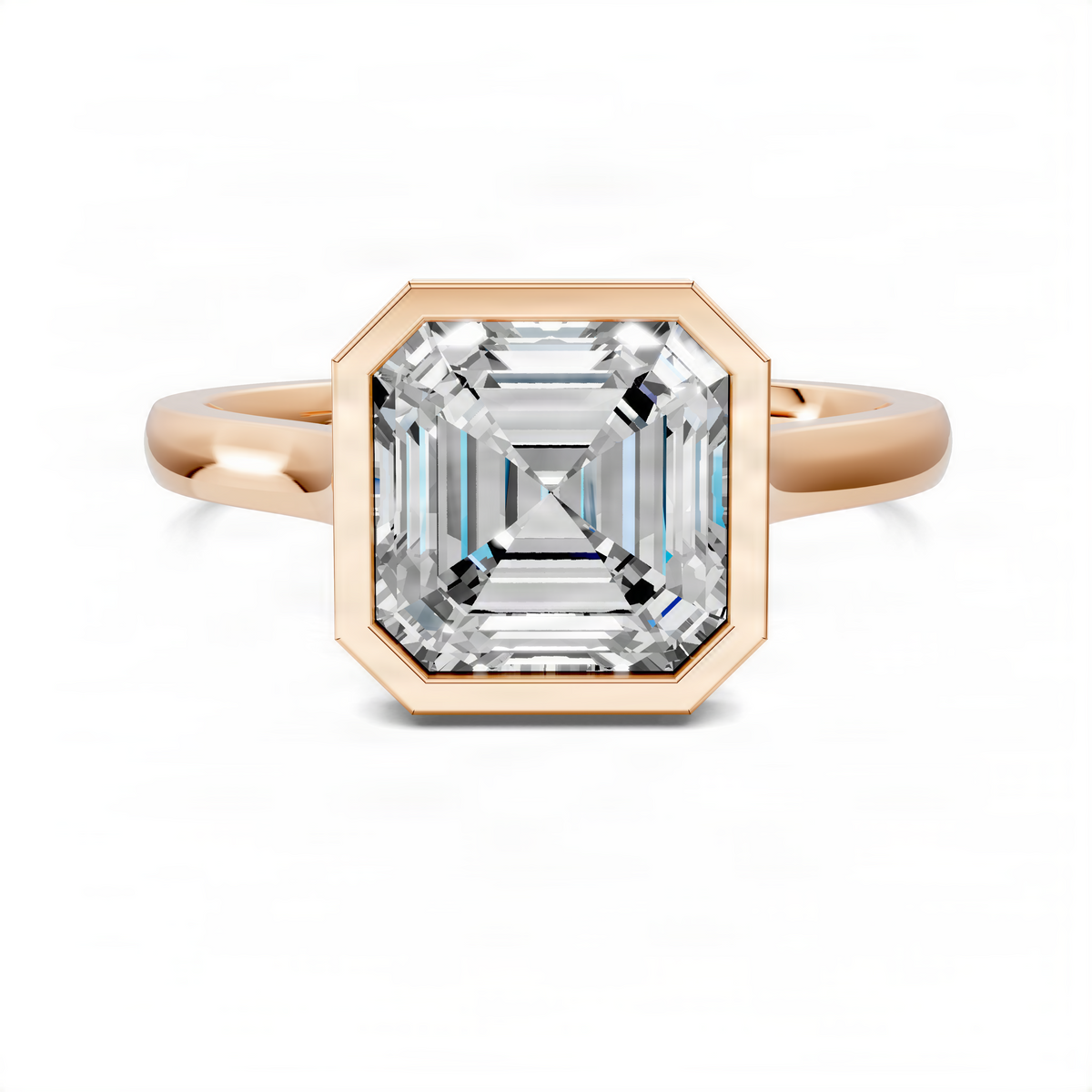Rose gold Asscher bezel halo ring with large Asscher-cut center stone and smooth band
