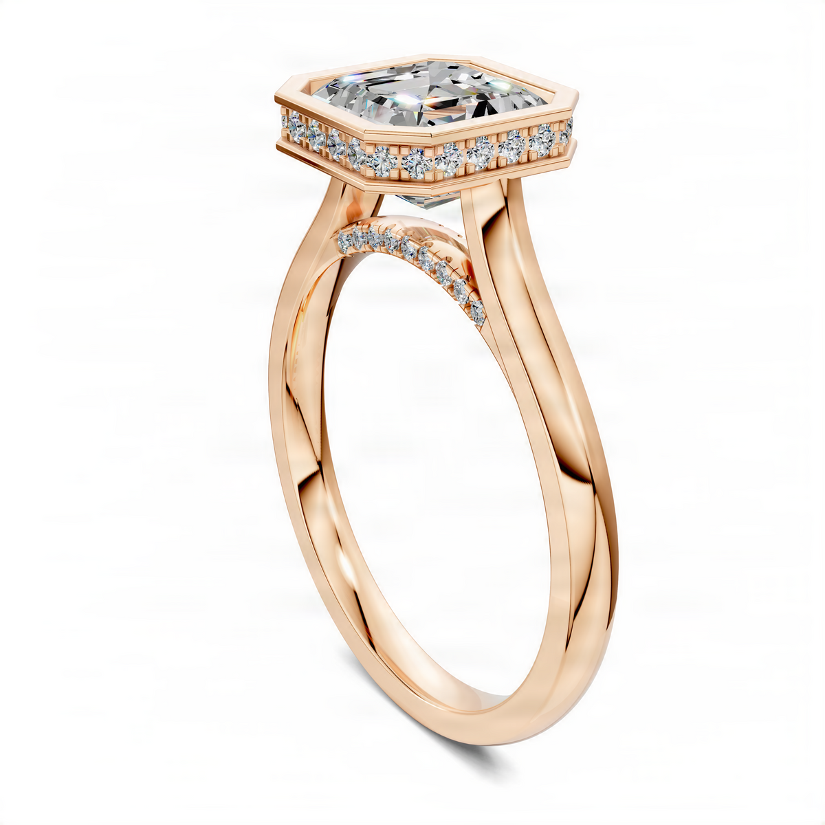 Rose gold Asscher bezel halo ring with pavé diamond accents