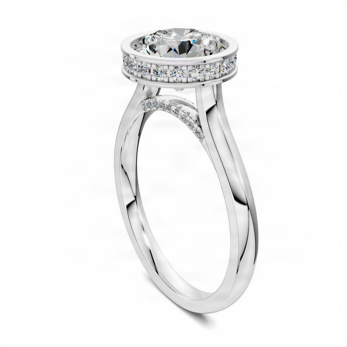 Round bezel halo ring in white metal with pavé accents and a round center stone