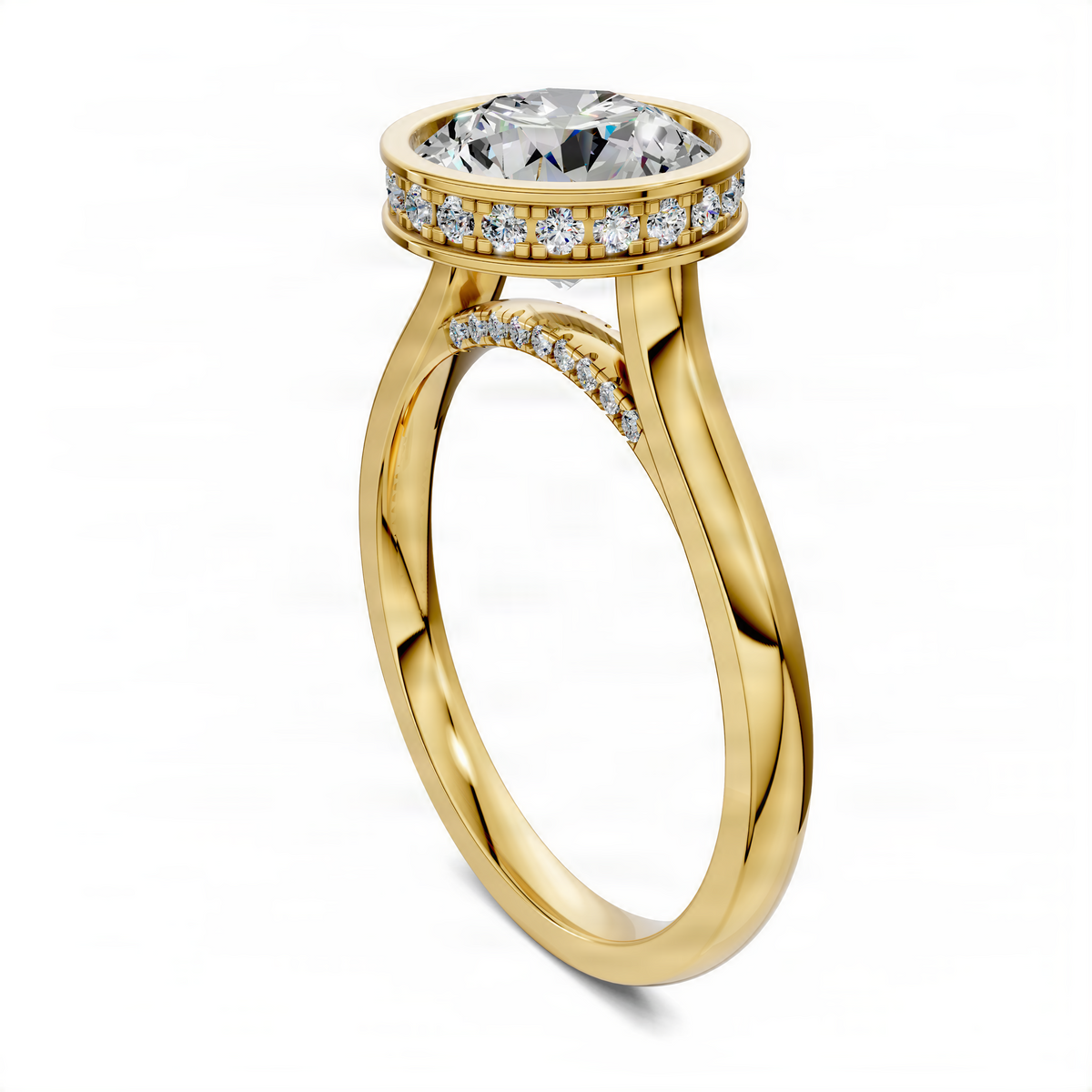 Round bezel halo ring in yellow gold with round center stone and pavé accents