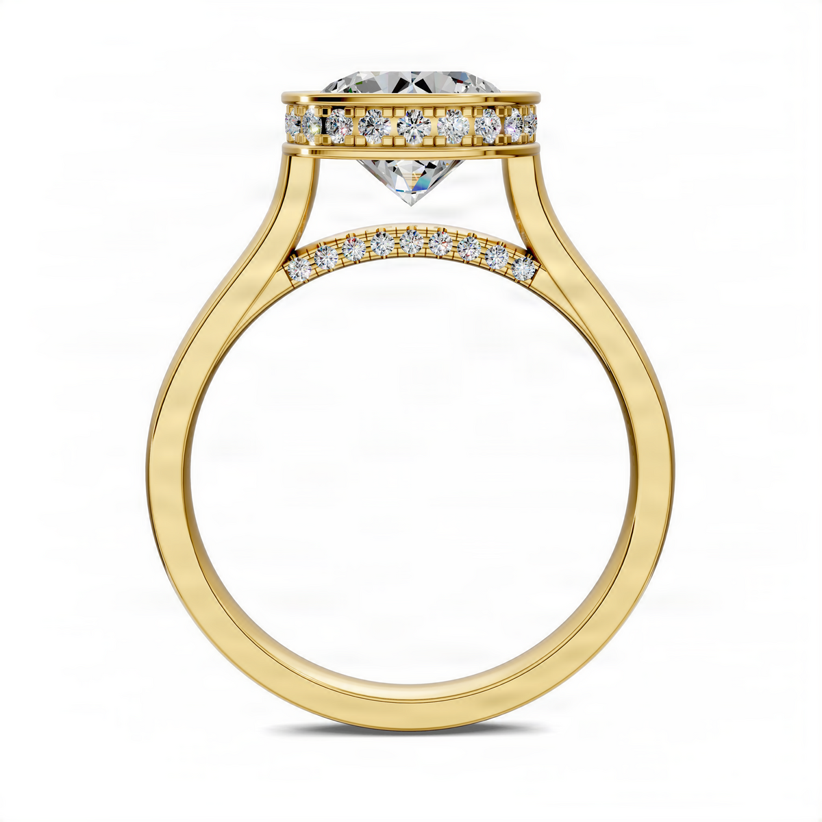 Round bezel halo ring in yellow gold with pavé diamonds and round center stone