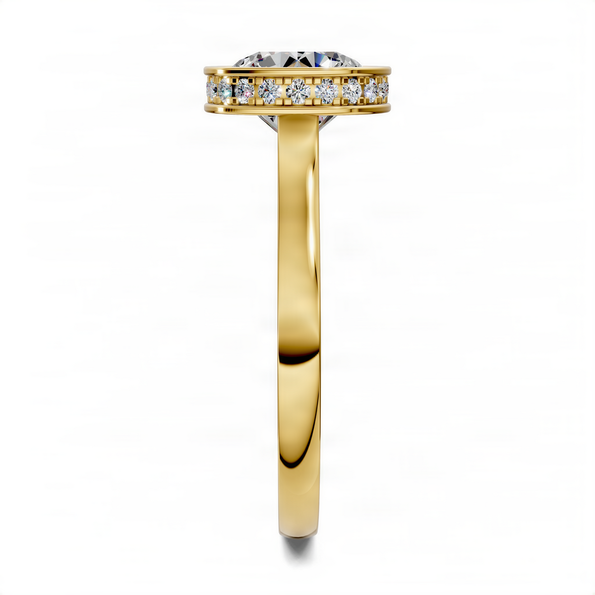 Yellow gold round bezel halo ring with pavé diamonds, side view