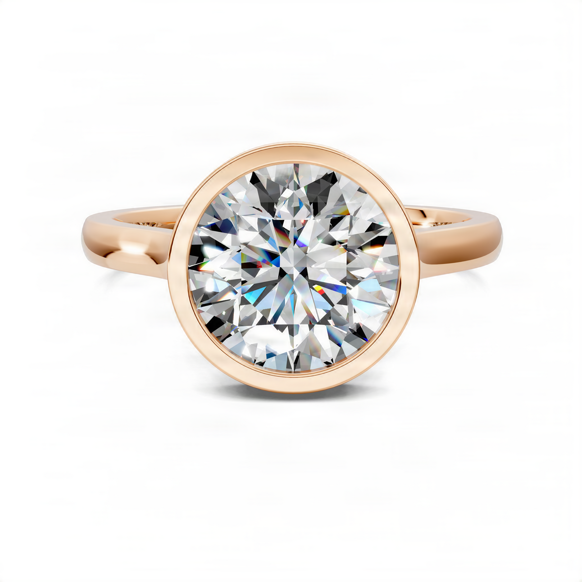 Rose gold round halo bezel ring with large center stone and smooth band