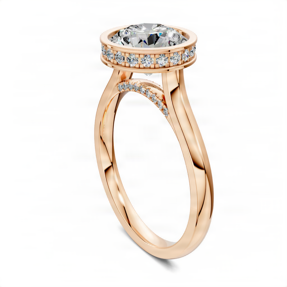Round bezel halo ring in rose gold with pavé diamond accents and round center stone