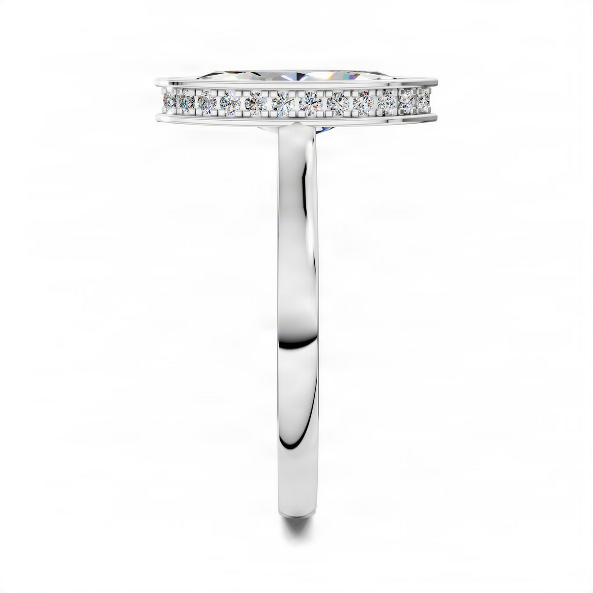 Marquise bezel halo ring in white metal with pavé band, side profile