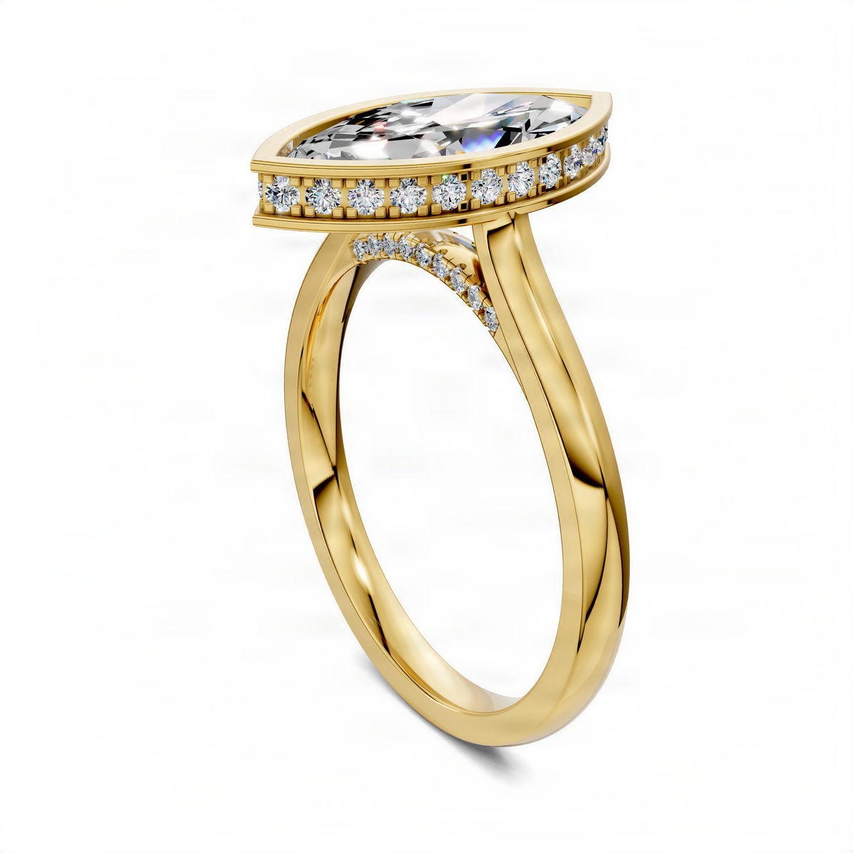 Marquise bezel halo ring in yellow gold with diamond halo and pavé shank