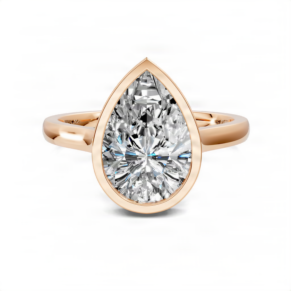 Rose gold pear-cut bezel halo ring with faceted pear center stone