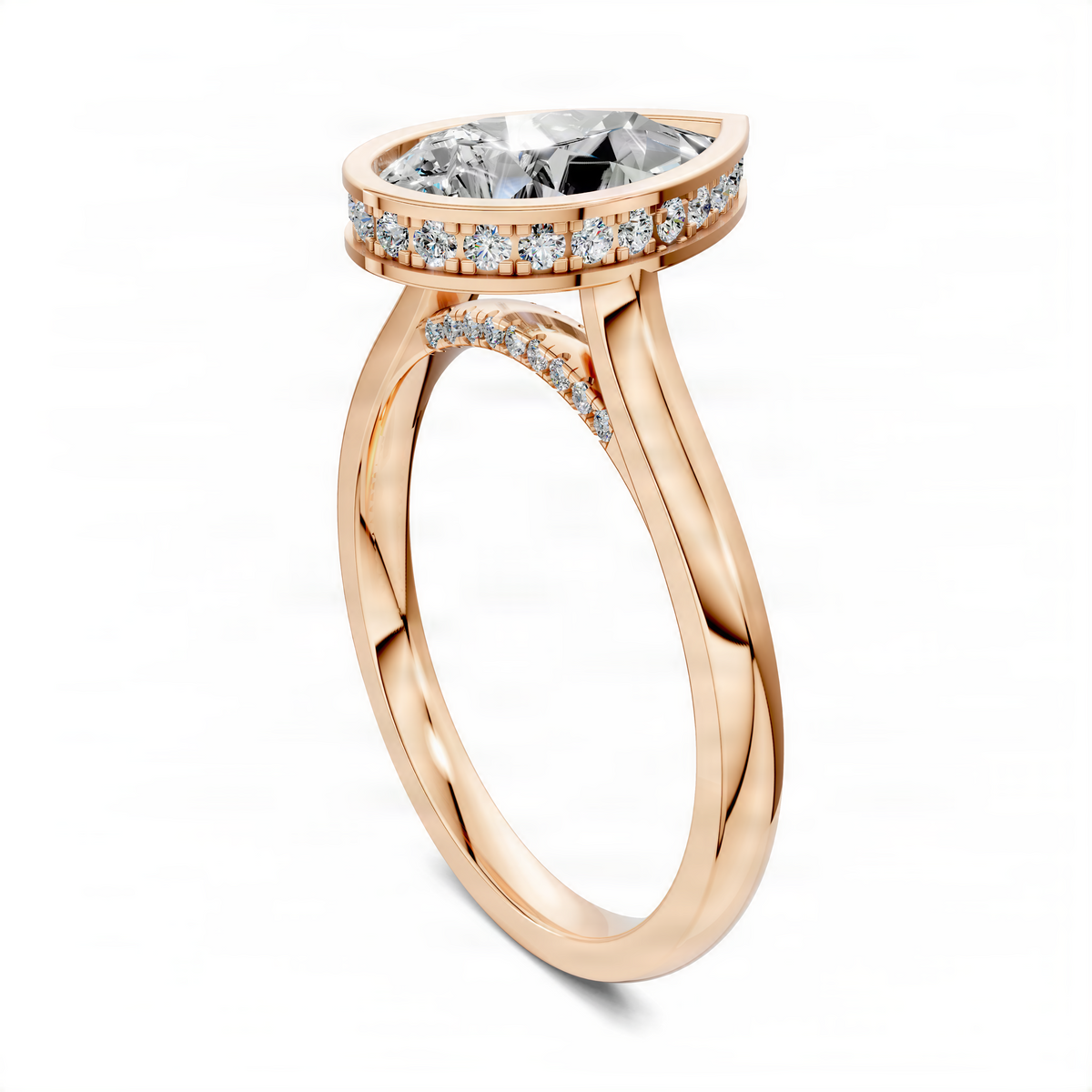 Opes Pear Bezel Halo Ring in rose gold with pave diamonds