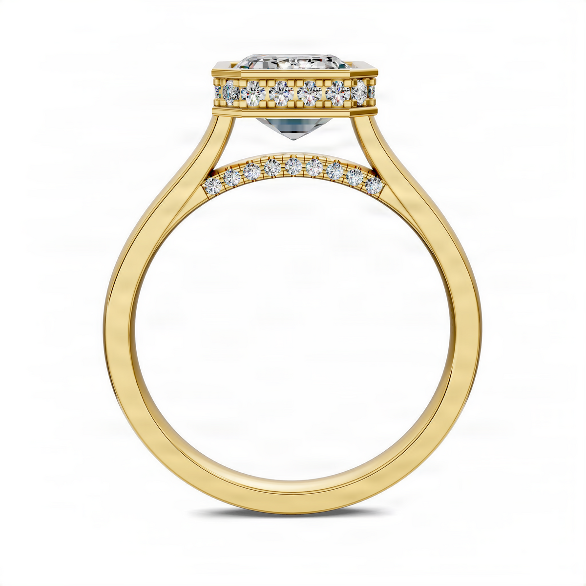 Opes halo ring with emerald-cut center stone, pavé diamond band
